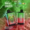 Advertisement for a "Vape with a Bang" disposable vape featuring a strawberry watermelon design, offering up to 28,000 puffs, ice control settings, a 30ml e-liquid capacity, and a 650mAh battery.