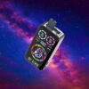 A vibrant vaping device branded 'UZY' with a digital display, featuring colourful graphics, set against a starry galaxy background.
