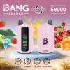 Promotional image for BANG Leader vaping device featuring double flavour capability, up to 50,000 puffs, and illustrations of various fruits and a cocktail in the background.