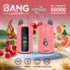 A promotional image for Bang Leader vape devices highlighting features like 'Double flavor,' up to 50,000 puffs, Type-C charging, a 650mAh battery, dual mesh, and adjustability, with visual elements of cherries, cola, and grapefruit to suggest flavour options.