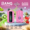 An advertisement for Bang Leader vape device in pink, showcasing its features like double flavor, 50,000 puffs, Type-C charging, 650mAh battery, dual mesh, and adjustable settings with a backdrop of kiwi and strawberry imagery.