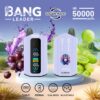 Promotional image of the BANG Leader vape device with dual flavours, offering up to 50,000 puffs, featuring Type-C charging and a 650mAh battery.