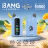 Promotional image of the Bang Leader vape device highlighting features like dual flavours, up to 50,000 puffs, Type-C charging, 650mAh capacity, and adjustability, set against a tropical background with bananas and mangoes.
