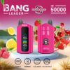 Promotional image for the Bang Leader vape featuring two pink devices with digital displays, surrounded by fruit illustrations, and highlighting features like double flavor, 50,000 puffs, and a 650mAh battery.