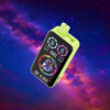 A bright green electronic device with a sleek, glossy black screen displaying colourful graphics and data icons, set against a vibrant space-themed background with nebulae and stars.