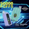 Promotional image featuring two coloured vaping devices labeled as offering up to 50,000 puffs, double flavour options, and adjustable wattage, set against a futuristic blue background.