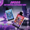 Promotional image for '2800 Puffs Ice Control Disposable Vape' showcasing two flavours with demon-themed designs: Blueberry Ice and Grape Ice, accompanied by features like adjustable airflow, 30ml volume, 650mAh battery, mesh coil, and Type-C charging.