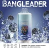 Promotional image of a Bangleader vape with 20,000 puffs, blueberry ice flavor, featuring splashing blueberries, product details, and a nicotine warning.
