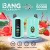 Promotional image of two mint green Bang Leader vape devices featuring digital displays, capable of delivering up to 50,000 puffs with adjustable dual flavor settings, surrounded by splashes of watermelon and strawberry imagery.