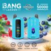 Promotional image for the Bang Leader vaping device, showcasing its up to 50,000 puffs capacity, double flavour feature, displayed in blue with digital indicators and surrounded by raspberries and blueberries.