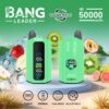Promotional image for a BANG LEADER vaping device featuring dual flavours and a capacity of up to 50,000 puffs, with Type-C charging, 650mAh battery, dual mesh, and adjustable settings; surrounded by fruit and ice cubes.