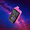 A pink electronic device with a colourful digital display showing circular graphics, battery percentage, and the brand name UZY, set against a vivid cosmic background featuring stars and nebulae.