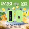 A promotional image showing two green Bang Leader vape devices with digital displays, surrounded by slices of lemon and pineapple, featuring text highlighting double flavour capability and up to 50,000 puffs.