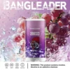 Promotional image of Bangleader 20,000-puff disposable vape with Grape Ice flavor, featuring a purple background with grape graphics and ice cubes, and a product warning on nicotine addiction.