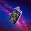 A purple electronic device with a vibrant digital screen displaying multicolored graphics and numerical data, set against a vivid outer space-themed background.
