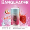 Promotional image featuring a Bangleader Strawberry Ice flavored vape, displaying its sleek design and specifications like 28ml capacity, Type-C charging, and warning about nicotine addiction, set against a vibrant pink background with ice and strawberries.
