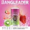 Electronic vaping device branded 'BangLeader 20000 Puffs' with a tiger design, surrounded by strawberry, kiwi, and water splash elements, on a pink background, accompanied by product information and a nicotine warning label.