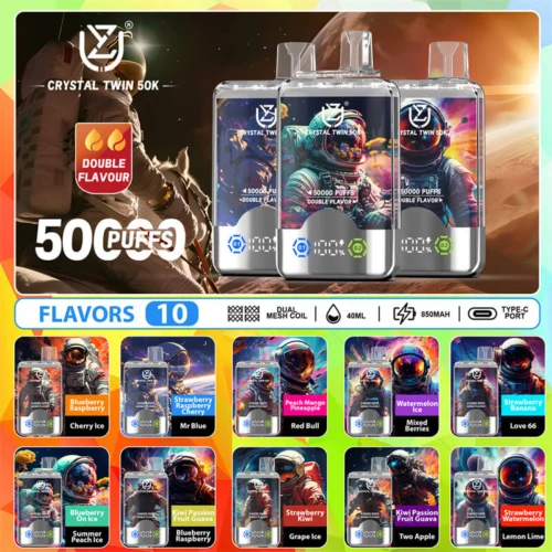 Crystal Twin 50K 电子烟的宣传图片展示了三种主要产品，它们具有宇航员主题设计和亮点，例如双重口味、50,000 次抽吸，以及有关 10 种可用口味、线圈类型、电子液体容量、电池电量和充电端口的详细信息。