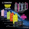 Display of colourful Tornado vaping devices with 30,000 puffs capacity and double flavour functionality, against a stylised dark background.