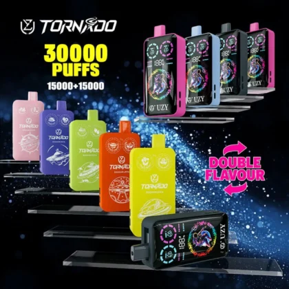 Display of colourful Tornado vaping devices with 30,000 puffs capacity and double flavour functionality, against a stylised dark background.