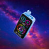 A futuristic electronic device with a vibrant, colourful screen design floating against a starry galaxy background.