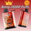 Promotional image showing two Bang 28000 Puffs disposable vape devices with fiery designs, including a demonic face labeled 'Blood and Sand' against a red background, and text highlighting its features as new.