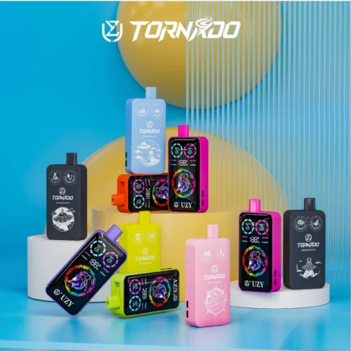Display Of Colorful Tornado Brand Vaporizer Devices With Digital Screens Set Against A Playful Background Featuring Spheres And Linear Patterns.