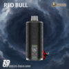 Promotional image depicting a black electronic vaping device labeled 'ZOOV Vape DTL Shisha 50000' with a cloudlike, stormy background and the word 'Red Bull' displayed prominently.