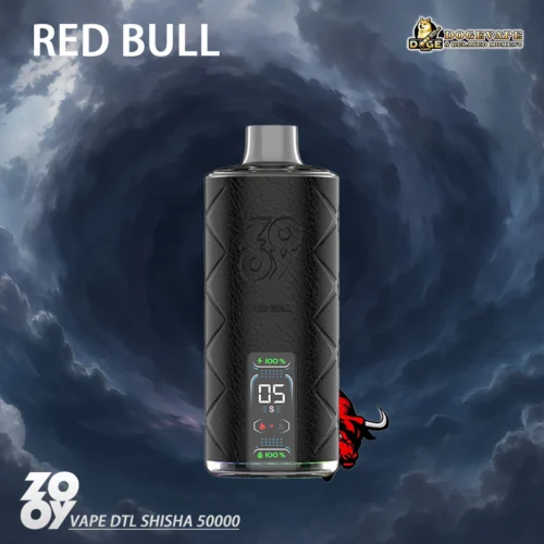 A Promotional Image Showcasing The Zoovy Vape Dtl Shisha Device With Black Textured Body, Illuminated Display, And A Stormy Sky Background.