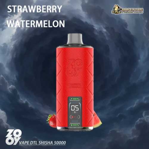 A Promotional Image Featuring A Bright Red Vape Device With A Textured Surface And Digital Display, Set Against A Dramatic Cloud Background, Labelled With 'Strawberry Watermelon' Flavor Branding.