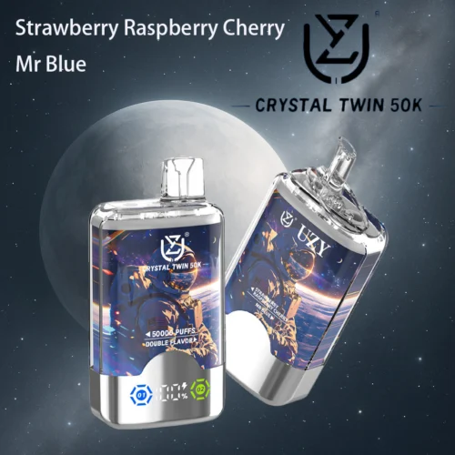 Promotional Image Featuring Two Crystal Twin 50K Vapes With Astronaut-Themed Designs, Showcasing Flavors Like Strawberry Raspberry Cherry And Mr Blue, Set Against A Space Background.