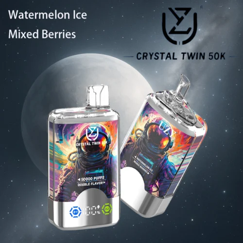 A Promotional Image Featuring Two Crystal Twin 50K Vape Devices With Vibrant Astronaut-Themed Designs, Set Against A Space-Themed Background, Highlighting Flavors Watermelon Ice And Mixed Berries.