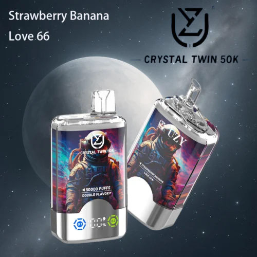 A Promotional Image Of Crystal Twin 50K Vaping Devices Featuring A Strawberry Banana And Love 66 Double Flavor, Set Against A Space-Themed Background.