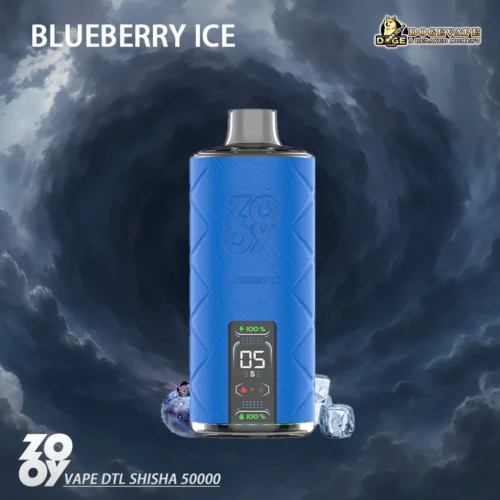 Promotional Graphic Featuring A Blue Vape Device Labeled 'Blueberry Ice', Set Against A Swirling Dark Cloud Background, With The Text 'Zov Vape Dtl Shisha 50000' And The Dogevape Logo.