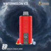 Red vape device labeled with 'Watermelon Ice' on a stormy grey background, featuring ice cubes and a watermelon slice at its base.