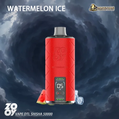 A Red Electronic Vape Device Labeled 'Watermelon Ice' Against A Stormy Background, Featuring Digital Indicators And A Watermelon Slice With Ice Cubes At Its Base.