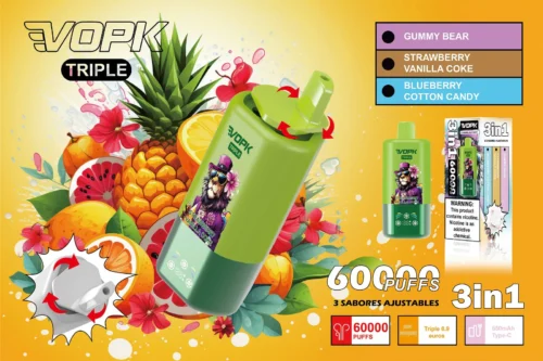 Promotional Image For Vopk Triple Vape Featuring A Green Device With Adjustable Flavour Options, Accompanied By Tropical Fruit Illustrations And Specifications Indicating 60000 Puffs, 3-In-1 Functionality, And Nicotine Warning.
