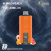 A promotional image featuring a ZOVO Vape DTL device with an orange textured body, labelled with the Mango Peach Watermelon flavour. The background is a dramatic swirling cloud pattern.