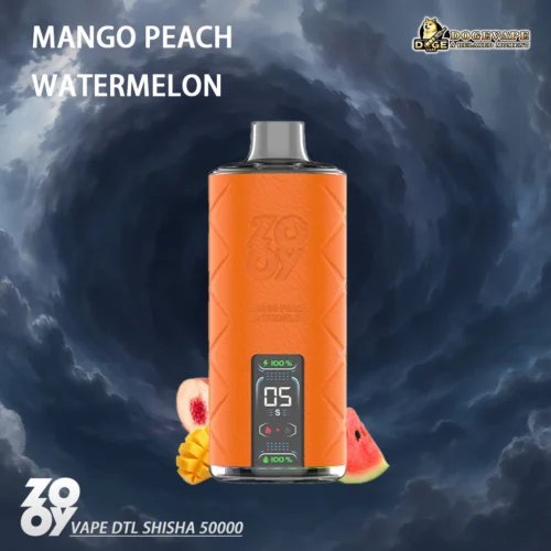 An Orange Vape Device Featuring A Textured Casing And Display Screen, Labelled With &Quot;Mango Peach Watermelon,&Quot; Pictured Against A Stormy Sky Background.