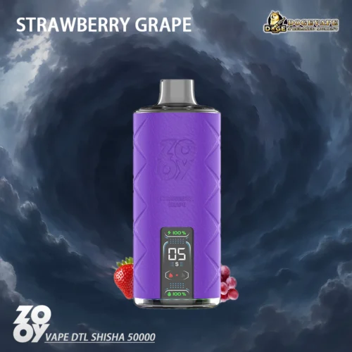 A Purple Vaping Device Labeled 'Strawberry Grape,' With A Digital Display And Textured Exterior, Set Against A Stormy Cloud Background With Illustrations Of Strawberries And Grapes.