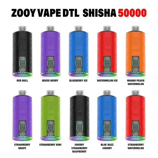 Collection Of Zooy Vape Dtl Shisha Devices In Different Colours, Each Corresponding To A Specific Flavour Such As Red Bull, Mixed Berry, And Strawberry Watermelon.