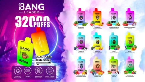 Promotional Image Featuring Bang Leader Vaping Products Showcasing Multiple Flavours In Brightly Coloured Packages, Emphasizing '32000 Puffs' And Dual Pods Of 28Ml Capacity Each.