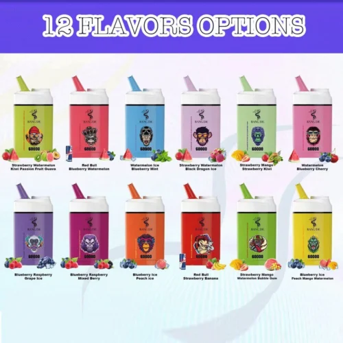 Selection Of 12 Juice Flavours Displayed In Colourful Rectangular Bottles With Fruit Illustrations Representing Each Flavour, Including Strawberry Watermelon Kiwi Passion Fruit Guava, Blueberry Mint, And Peach Mango Watermelon Bubble Gum.