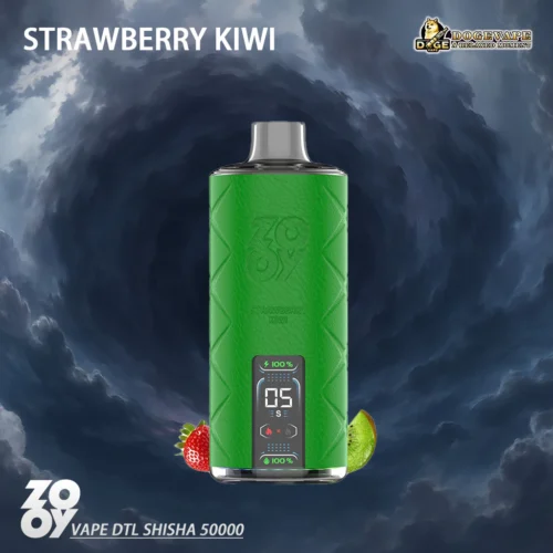 A Promotional Image Of A Green Electronic Vape Device With A Textured Surface, Displaying The Flavor 'Strawberry Kiwi' Accompanied By Depictions Of The Fruits, Set Against A Dramatic Swirling Cloud Background.