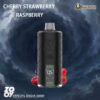 Promotional advertisement for the ZOOY Vape DTL Shisha 50000 in a Cherry Strawberry Raspberry flavour, featuring a black, textured vape pen against a stormy cloud background.