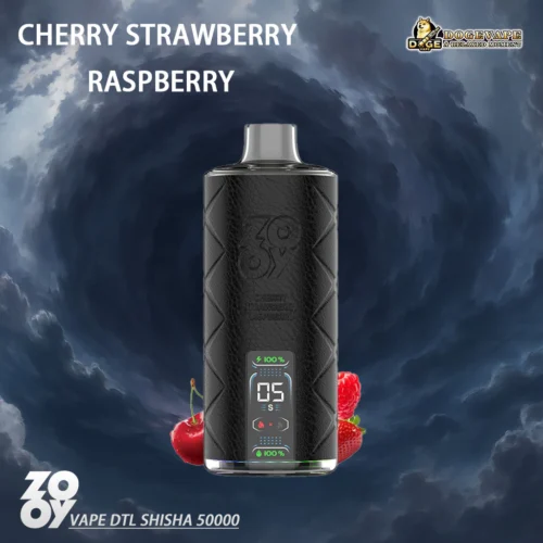 A Promotional Image Of A Zooy Vape Device, Showcasing Its Cherry, Strawberry, And Raspberry Flavour, Against A Stormy Blue Background With Stylised Text.