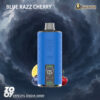 Promotional image for a Zovoo Blue Razz Cherry vape device, featuring a blue cylindrical design with a digital display, depicted against a stormy cloud background with blueberry, lemon, and cherry illustrations.