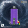 A purple vaping device labeled 'Mixed Berry' against a swirling dark vortex, surrounded by illustration of mixed berries like blackberries and strawberries; branding includes 'ZOOY' and 'DOGEVAPE Vape DTL Shisha 50000'.