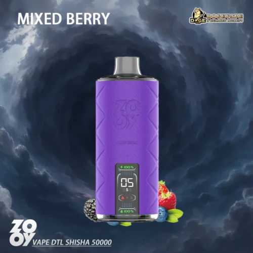 Promotional Image Of The Zov Vape Dtl Shisha 50000 In Purple With A Digital Display, Surrounded By Mixed Berries Against A Stormy Cloud Background.