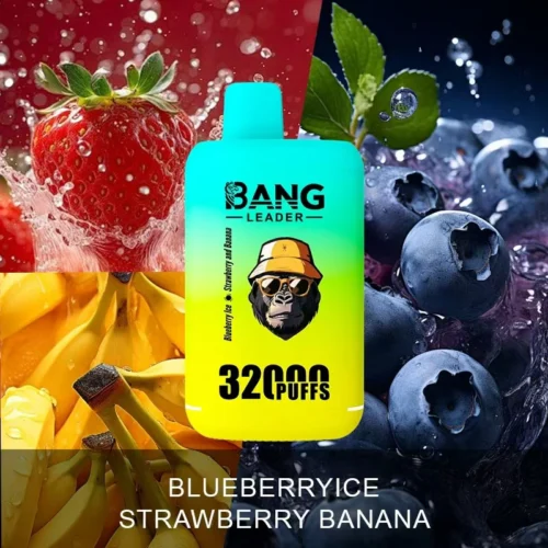Promotional Image For Bang Leader Vape Showing A Blue And Yellow Device Labelled &Quot;Blueberry Ice Strawberry Banana&Quot; Surrounded By Fresh Strawberries, Blueberries, And Bananas, With Text Indicating 32,000 Puffs.
